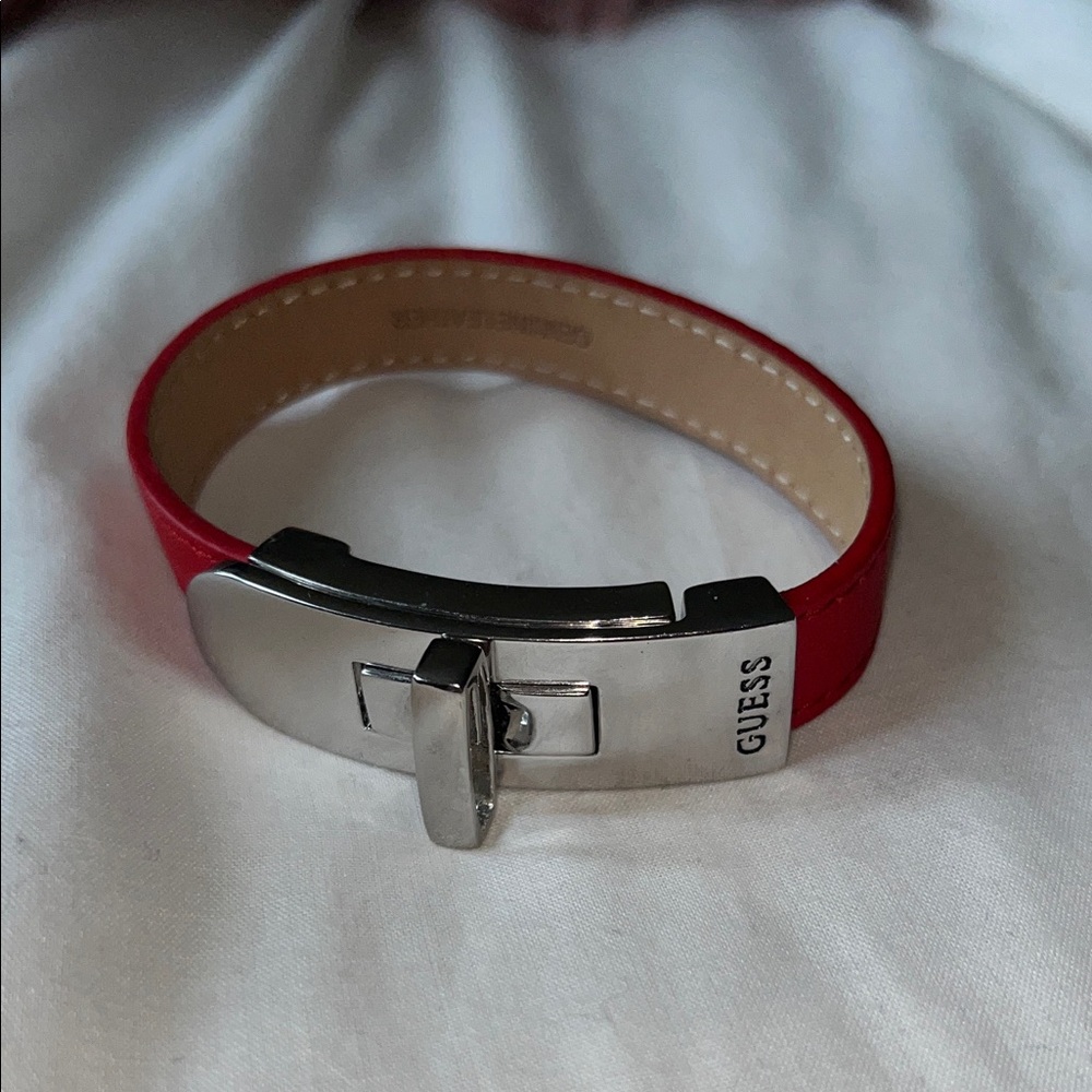 Guess Red Leather Bracelet with Silver Clasp